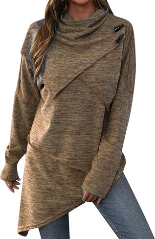 GRASWE Women Button Irregular Hem Sweatshirts Cowl Neck Pure Color Knit Top Long Sleeve Casual Patchwork Pullovers in Kuwait