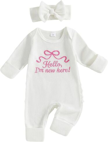 Newborn Baby Girl Coming Going Home Clothes She's Here Bow Embroidery Knit Romper Onesie Fall Winter Outfit in Saudi Arabia