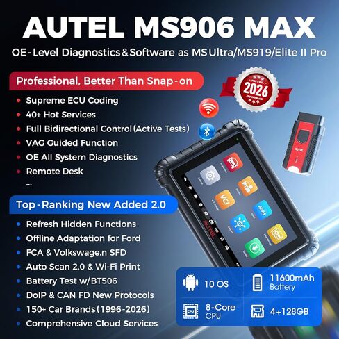 الماسح الضوئي Autel MaxiSYS MS906MAX، 2026 10.1 بوصة MS906 MAX 2.0 ترقية MS906 PRO MP900BT MS906BT MS908S، أداة المسح ثنائية الاتجاه OE ECU C0ding، 3000+ اختبار نشط، 40+ إعادة ضبط، جميع الأنظمة، CAN FD DoIP in Saudi Arabia