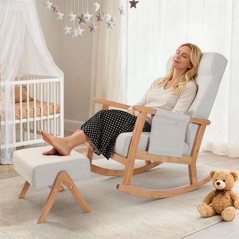 NOBLEMOOD Rocking Chair Indoor with Ottoman, Nursery Rocking Chair with Lumbar Pillow, High Back Upholstered Solid Wood Frame Rocker for Living Room in Saudi Arabia