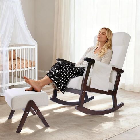 NOBLEMOOD Rocking Chair Indoor with Ottoman, Nursery Rocking Chair with Lumbar Pillow, High Back Upholstered Solid Wood Frame Rocker for Living Room in Saudi Arabia