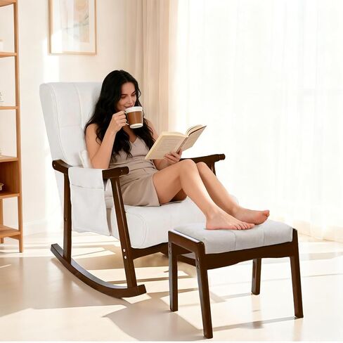 NOBLEMOOD Rocking Chair Indoor with Ottoman, Nursery Rocking Chair with Lumbar Pillow, High Back Upholstered Solid Wood Frame Rocker for Living Room in Saudi Arabia