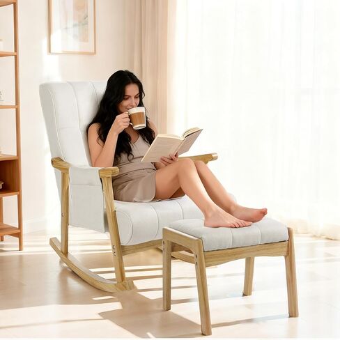 نوبليمود كرسي هزاز داخلي مع مسند، كرسي هزاز للحضانة مع وسادة قطنية، إطار خشبي صلب منجد عالي الظهر لغرفة المعيشة in Kuwait