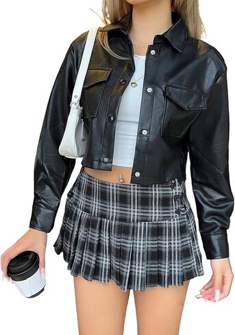 WDIRARA Women's PU Leather Cropped Jackets Button Down Long Sleeve Motorcycle Bomber Coats in Saudi Arabia