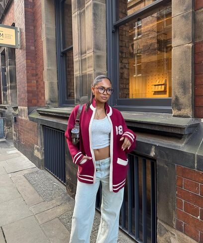Women’s Red Bomber Jacket Lightweight Varsity Button Down College Style Short Jacket with Pockets for Fall Outfits in Saudi Arabia