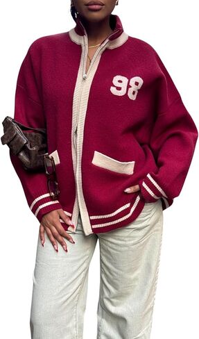 Women’s Red Bomber Jacket Lightweight Varsity Button Down College Style Short Jacket with Pockets for Fall Outfits in Saudi Arabia
