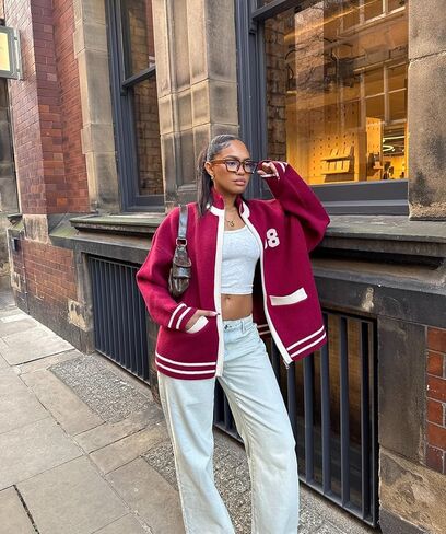 Women’s Red Bomber Jacket Lightweight Varsity Button Down College Style Short Jacket with Pockets for Fall Outfits in Saudi Arabia