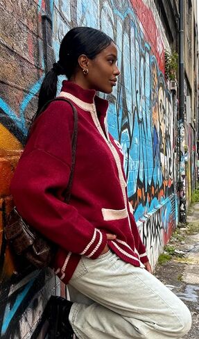 Women’s Red Bomber Jacket Lightweight Varsity Button Down College Style Short Jacket with Pockets for Fall Outfits in Saudi Arabia