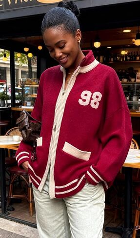 Women’s Red Bomber Jacket Lightweight Varsity Button Down College Style Short Jacket with Pockets for Fall Outfits in Saudi Arabia