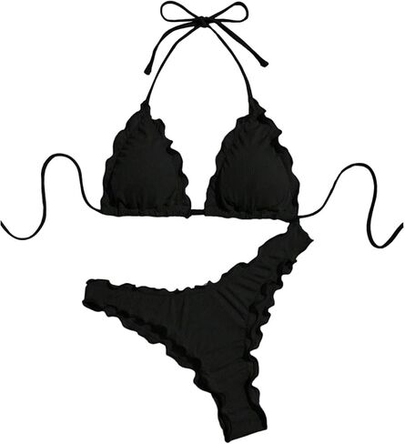 SHENHE Women's 2 Piece Swimsuits Triangle Halter Ribbed Knit Cheeky Frilly Bikini Set in Saudi Arabia