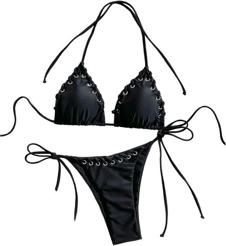 WDIRARA Women's Grommet Eyelet 2 Piece Swimsuit Halter Triangle String Bikini Sets Tie Side Bathing Suit in Saudi Arabia