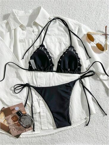 WDIRARA Women's Grommet Eyelet 2 Piece Swimsuit Halter Triangle String Bikini Sets Tie Side Bathing Suit in Saudi Arabia