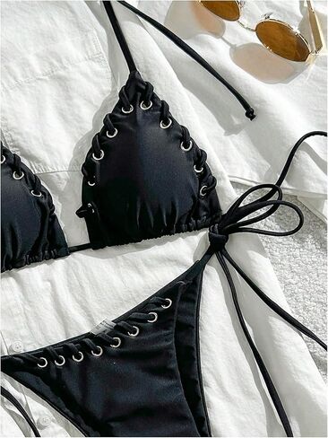 WDIRARA Women's Grommet Eyelet 2 Piece Swimsuit Halter Triangle String Bikini Sets Tie Side Bathing Suit in Saudi Arabia