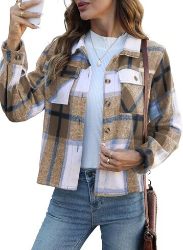 HWOKEFEIYU Fall Flannels for Women Cropped Shacket Jacket Plaid Long Sleeve Button Down Shirt 2025 Coat Tops in Kuwait
