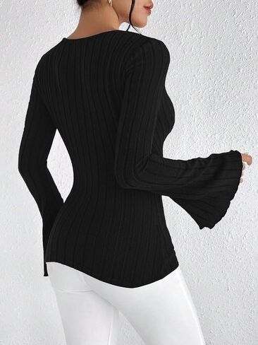 Women’s Ribbed Knit Deep V-Neck Long Sleeve Pullover Sweater Slim Fit Flared Cuff Solid Color Top for Fall and Winter in Saudi Arabia