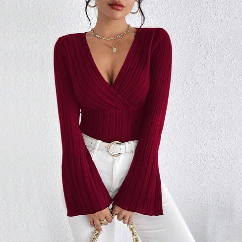 Women’s Ribbed Knit Deep V-Neck Long Sleeve Pullover Sweater Slim Fit Flared Cuff Solid Color Top for Fall and Winter in Saudi Arabia