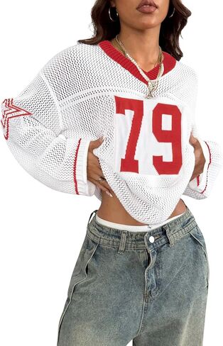 Women Y2K Crochet Jersey Shirt Number Graphic Oversized V Neck Long Sleeve Knit Pullover Sweater Going Out Top in Saudi Arabia