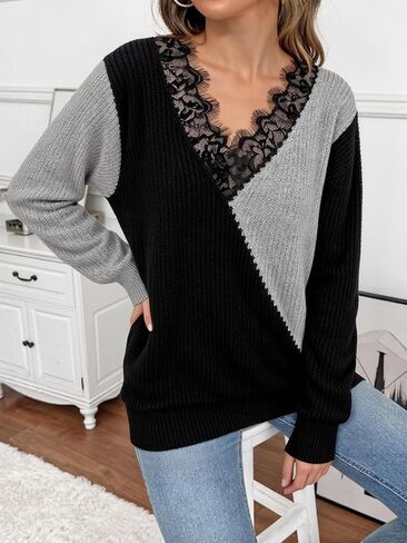Women Long Sleeve V Neck Pullover Sweaters with Asymmetric Panel Design, Casual Relaxed Fit Knit Style in Saudi Arabia