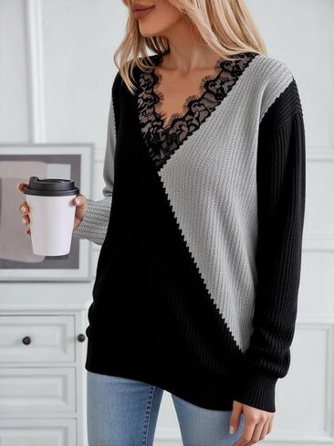 Women Long Sleeve V Neck Pullover Sweaters with Asymmetric Panel Design, Casual Relaxed Fit Knit Style in Saudi Arabia