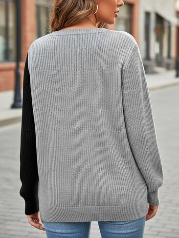 Women Long Sleeve V Neck Pullover Sweaters with Asymmetric Panel Design, Casual Relaxed Fit Knit Style in Saudi Arabia