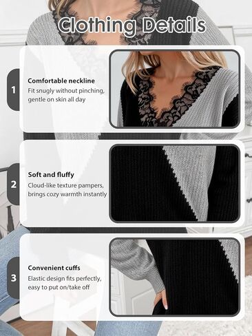 Women Long Sleeve V Neck Pullover Sweaters with Asymmetric Panel Design, Casual Relaxed Fit Knit Style in Saudi Arabia