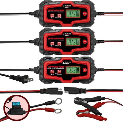 [3 Pack] Banshee Battery Charger 4-Amp - 12V and 6V Automotive Trickle Charger for Car Battery, Automatic Maintainer for Car Truck Motorcycle Lawn Mower Boat Marine in Saudi Arabia