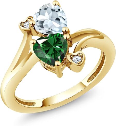 Gem Stone King 18K Yellow Gold Plated Silver Sky Blue Aquamarine Green Nano Emerald Ring For Women (1.38 Cttw, Heart Shape 6MM, Gemstone March Birthstone) in Saudi Arabia