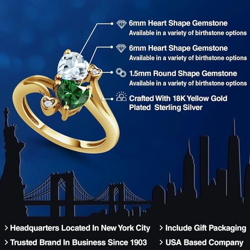 Gem Stone King 18K Yellow Gold Plated Silver Sky Blue Aquamarine Green Nano Emerald Ring For Women (1.38 Cttw, Heart Shape 6MM, Gemstone March Birthstone) in Saudi Arabia