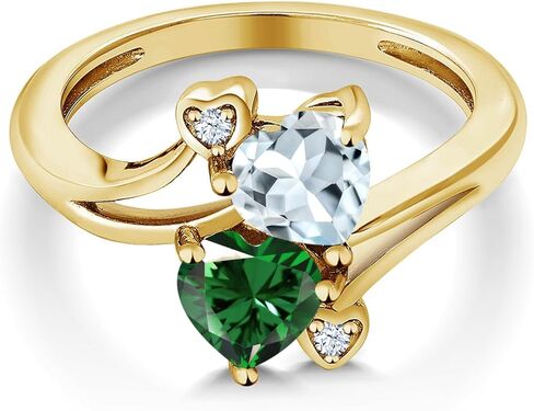 Gem Stone King 18K Yellow Gold Plated Silver Sky Blue Aquamarine Green Nano Emerald Ring For Women (1.38 Cttw, Heart Shape 6MM, Gemstone March Birthstone) in Saudi Arabia