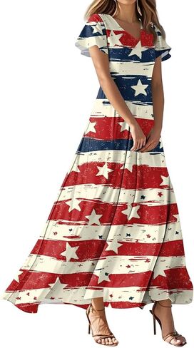 BAXLIMEK Maxi Dresses for Women,2025 Summer American Flag Print 4Th of July Dress,Elegant Short Sleeve Flowy Beach Boho Dress in Saudi Arabia