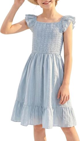 Girls Summer Dresses Smocked Flutter Sleeve Square Neck Ruffle Beach Party Teen Dress 6-14 Years in Saudi Arabia