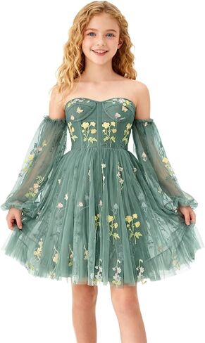 التطريز تول زهرة فتاة اللباس قبالة الكتف فساتين وصيفة الشرف صغار كم طويل الفتيات في سن المراهقة فستان حفلة موسيقية in Kuwait