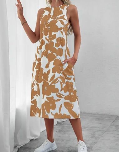 Women Casual Sleeveless Summer 2025 Crew Neck Patchwork Boho Floral Party Dress in Saudi Arabia