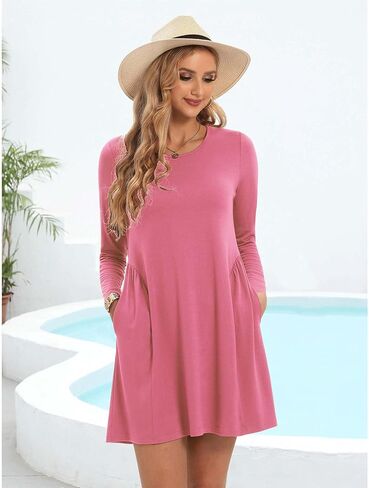 Tshirt Dresses for Women Casual Dress for Women Long Sleeve Loose Tunic Pleated T Shirt Dress for Women with Pockets in Saudi Arabia
