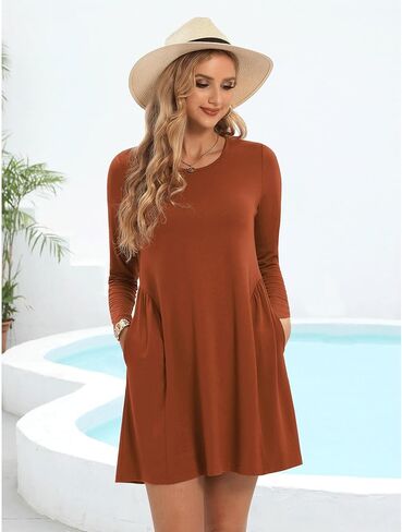 Tshirt Dresses for Women Casual Dress for Women Long Sleeve Loose Tunic Pleated T Shirt Dress for Women with Pockets in Saudi Arabia