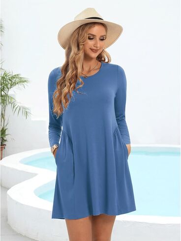 Tshirt Dresses for Women Casual Dress for Women Long Sleeve Loose Tunic Pleated T Shirt Dress for Women with Pockets in Saudi Arabia