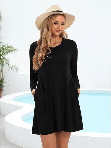 Tshirt Dresses for Women Casual Dress for Women Long Sleeve Loose Tunic Pleated T Shirt Dress for Women with Pockets in Saudi Arabia