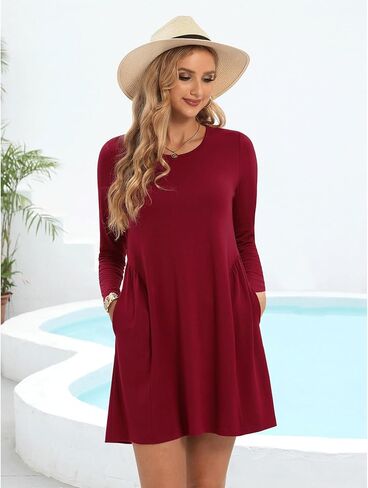 Tshirt Dresses for Women Casual Dress for Women Long Sleeve Loose Tunic Pleated T Shirt Dress for Women with Pockets in Saudi Arabia