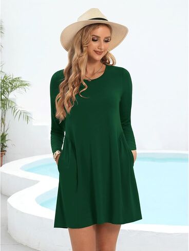 Tshirt Dresses for Women Casual Dress for Women Long Sleeve Loose Tunic Pleated T Shirt Dress for Women with Pockets in Saudi Arabia
