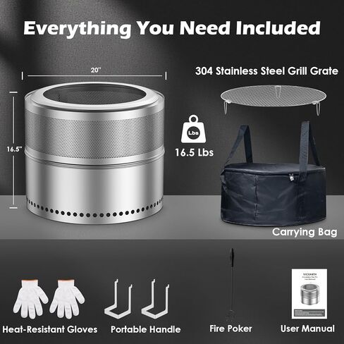 20 Inch Smokeless Fire Pit with Grill, Portable Wood Bruning Stainless Steel Firepit for Camping & RV Travel, Outdoor Bonfire Stove with Ash Pan & Carrying Bag, Double-Wall 360-Degree Airflow Design in Kuwait