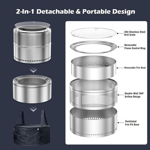 20 Inch Smokeless Fire Pit with Grill, Portable Wood Bruning Stainless Steel Firepit for Camping & RV Travel, Outdoor Bonfire Stove with Ash Pan & Carrying Bag, Double-Wall 360-Degree Airflow Design in Kuwait