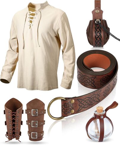 Ramede 6 Pcs Men's Renaissance Costume Set Medieval Pirate Shirt Leather Arm Guards Viking Belt Medieval Bag Accessories(Medium) in Saudi Arabia