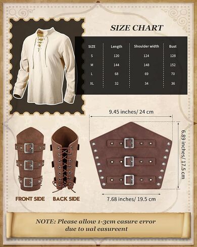 Ramede 6 Pcs Men's Renaissance Costume Set Medieval Pirate Shirt Leather Arm Guards Viking Belt Medieval Bag Accessories(Medium) in Saudi Arabia