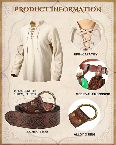 Ramede 6 Pcs Men's Renaissance Costume Set Medieval Pirate Shirt Leather Arm Guards Viking Belt Medieval Bag Accessories(Medium) in Saudi Arabia