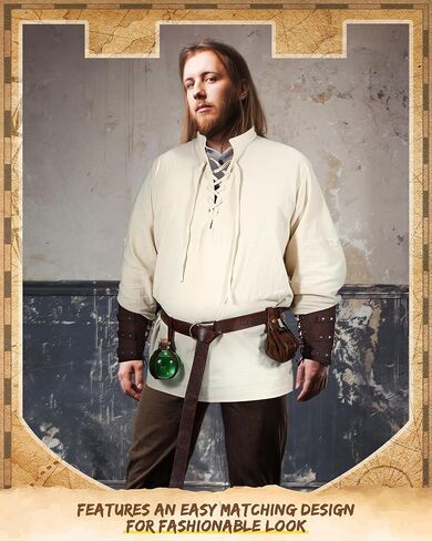 Ramede 6 Pcs Men's Renaissance Costume Set Medieval Pirate Shirt Leather Arm Guards Viking Belt Medieval Bag Accessories(Medium) in Saudi Arabia