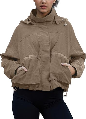 PESION Womens Waterproof Plaid Rain Jacket, Lightweight Windproof Outdoor Trench Coat Windbreaker with Removable Hood in Saudi Arabia