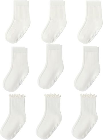 9 Pairs Baby Toddler Socks Crew Sock Ruffle Dress Non Slip Grip Cute Cotton for Infant Newborn Boys Girls White in Kuwait