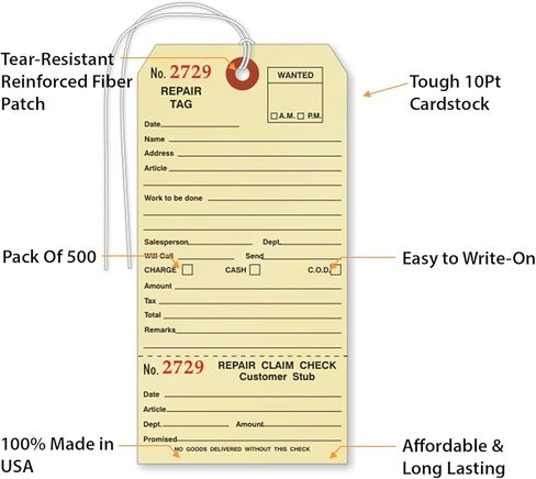 SmartSign Pack of 500 Sequentially Numbered Repair Tags with Attached String | 3.125" x 6.25" Manila Cardstock in Kuwait