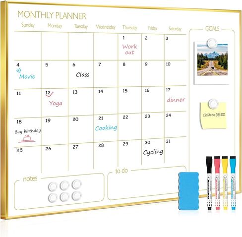 Dry Erase Calendar Whiteboard for Wall, 24'' x 18'' Monthly White Board Planner with Gold Frame, Magetic Hanging Wipe Board for Home Office School Dorm in Kuwait