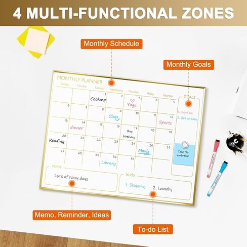 Dry Erase Calendar Whiteboard for Wall, 24'' x 18'' Monthly White Board Planner with Gold Frame, Magetic Hanging Wipe Board for Home Office School Dorm in Kuwait
